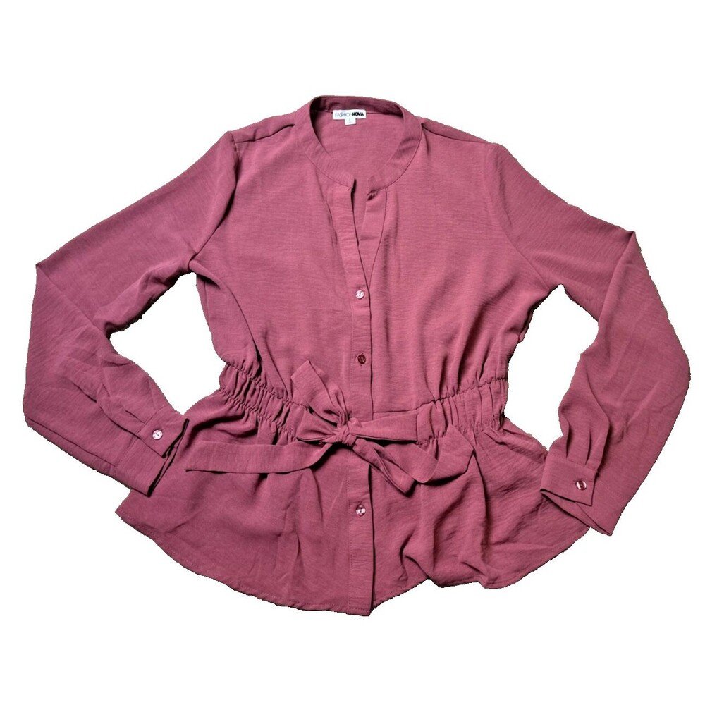 Fashion Nova Women's Large Long Sleeve Blouse Tie Waist Pink Office Attire